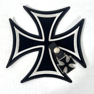 Biker Iron Cross Patch 7.5" & Keychain Bottle Opener Set Black Silver